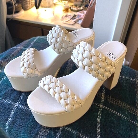 Jeffrey Campbell Shoes - Jeffrey Campbell chunky heel platform WILEY white braided synthetic fair cond. 8